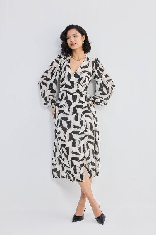 Abstract Mosaic Midi Wrap Dress in Multicolor Print
