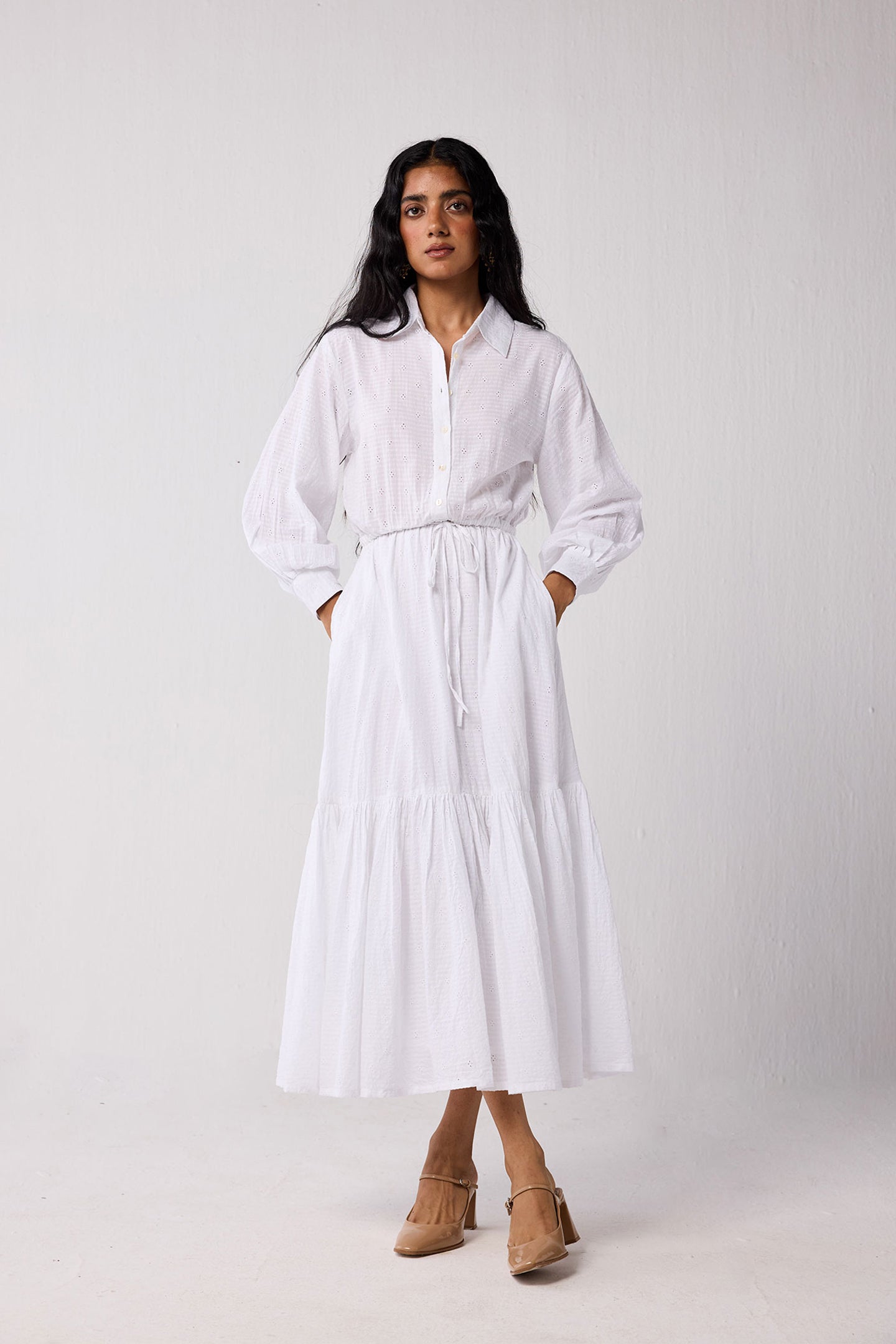 Reistor Women's Embroidered Flowy Maxi Tiered Dress in White Medium