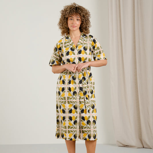 Oreffors Organic Cotton Tied Shirtdress in Lemon Tiles