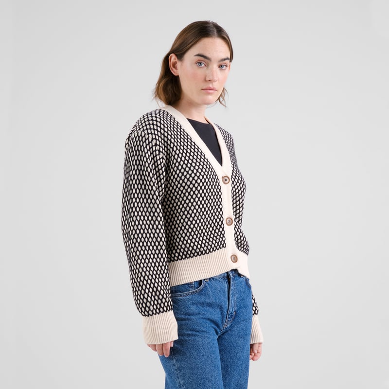 Kanan Cardigan Organic Cotton Bubble Knit in Black/Vanilla White