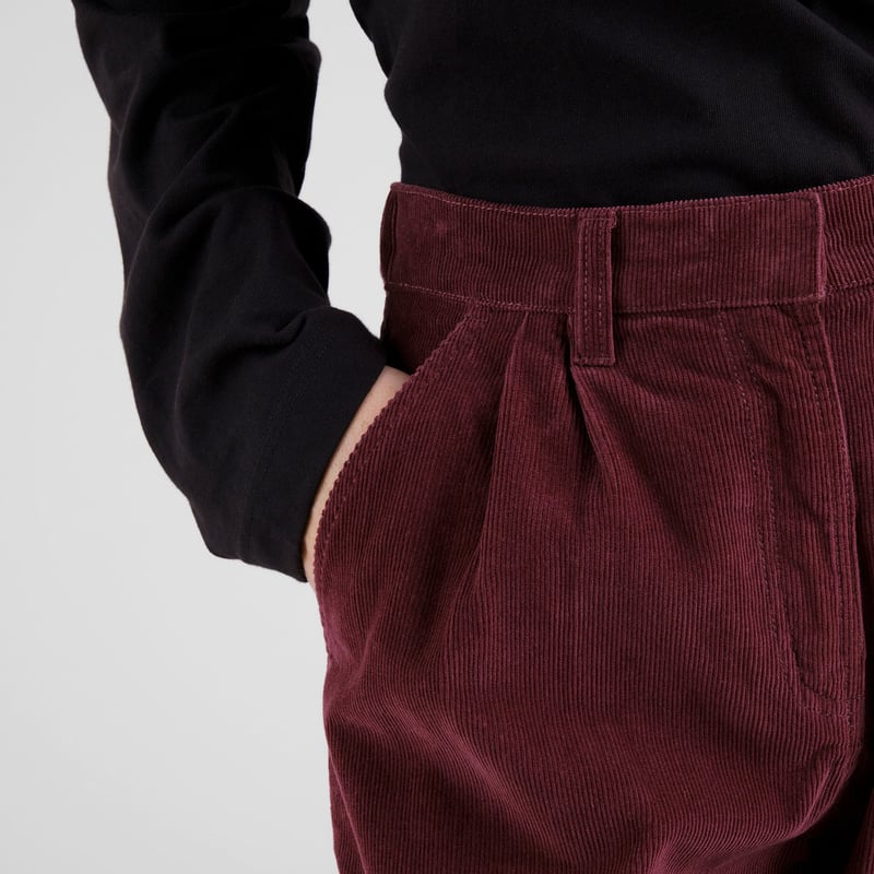 Vickeleby Organic Cotton Corduroy Pleated Trousers in Burgundy Red