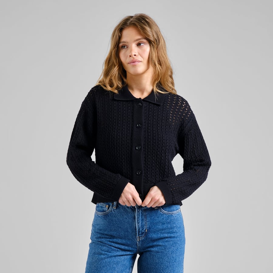 Rosendal Crochet Organic Cotton Knitted Cardigan in Black