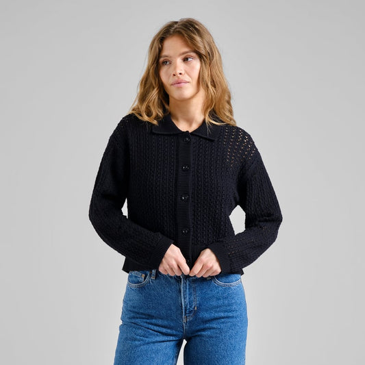 Rosendal Crochet Organic Cotton Knitted Cardigan in Black