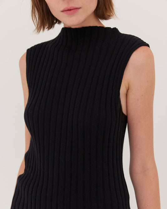 Rib Funnel Neck Tank in Black