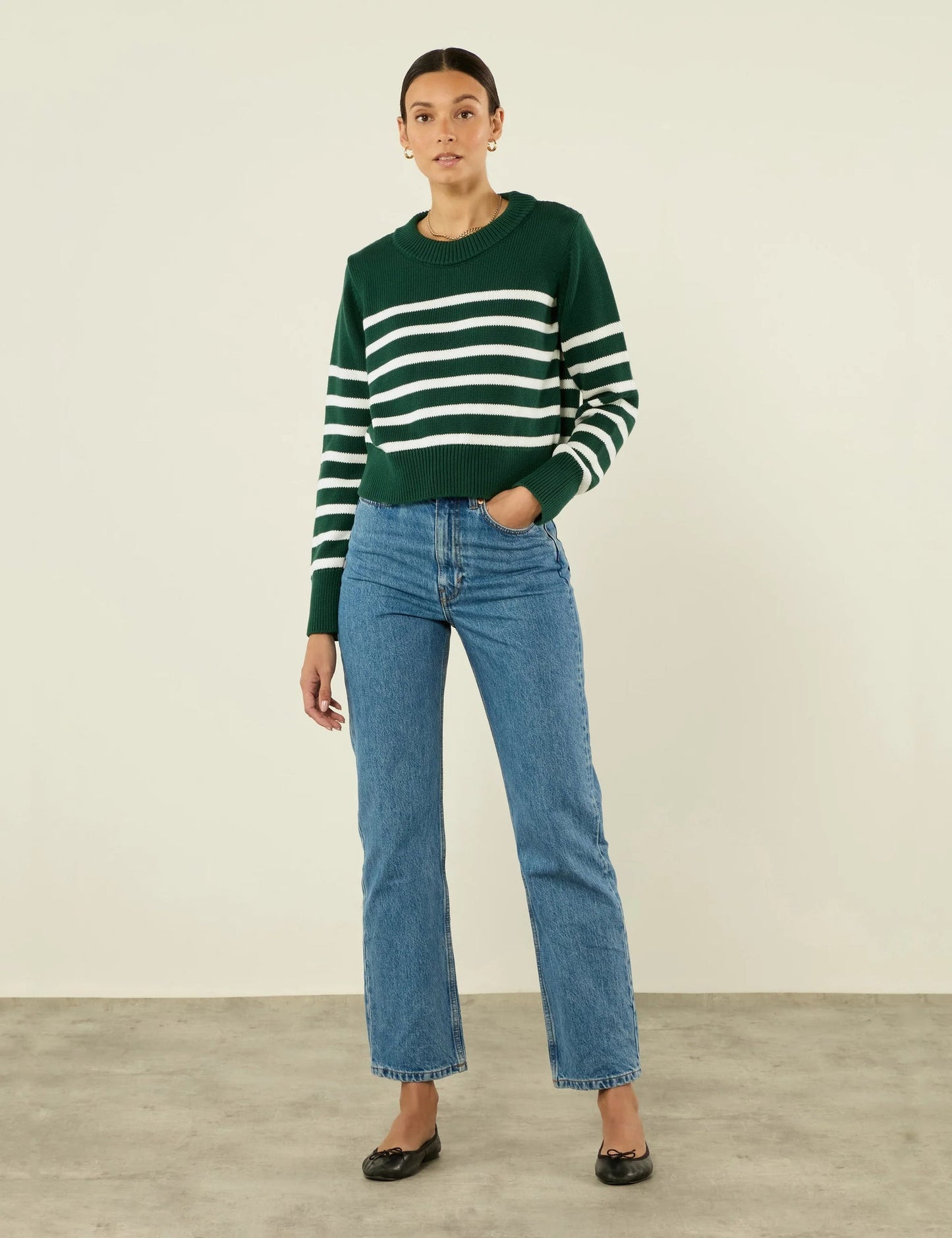 Devon Cotton Jumper in Green Stripe