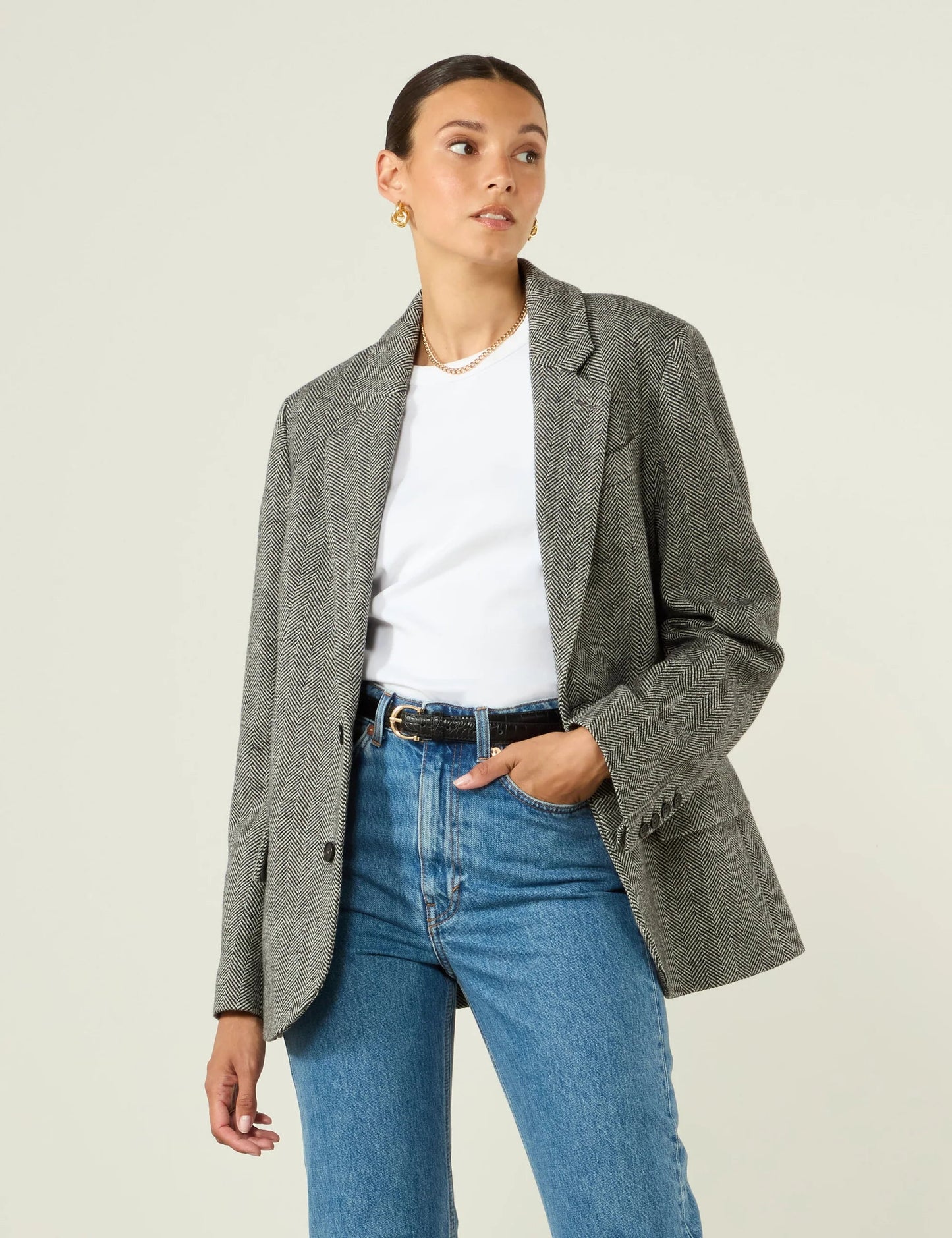 Wool Hutton Blazer in Heringbone Grey