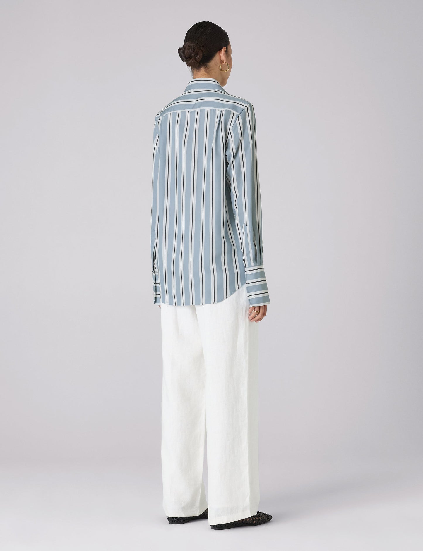 Boyfriend Exaggerated Cuff Tencel Button Down Shirt in Slate and Blue Stripe