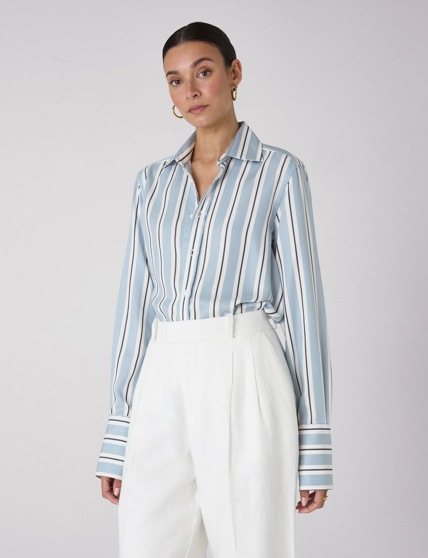 Boyfriend Exaggerated Cuff Tencel Button Down Shirt in Slate and Blue Stripe