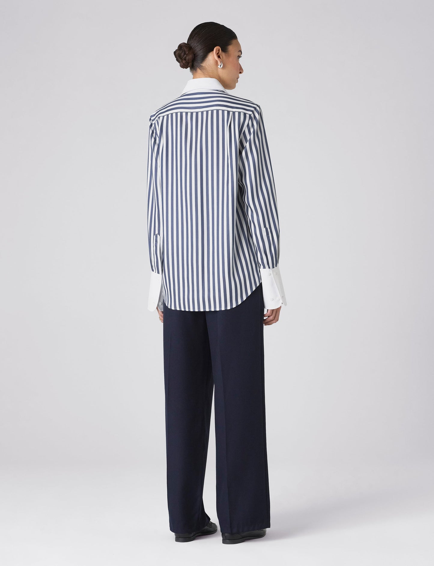 Boyfriend Exaggerated Cuff Tencel Button Down Shirt in Navy Blue Stripe