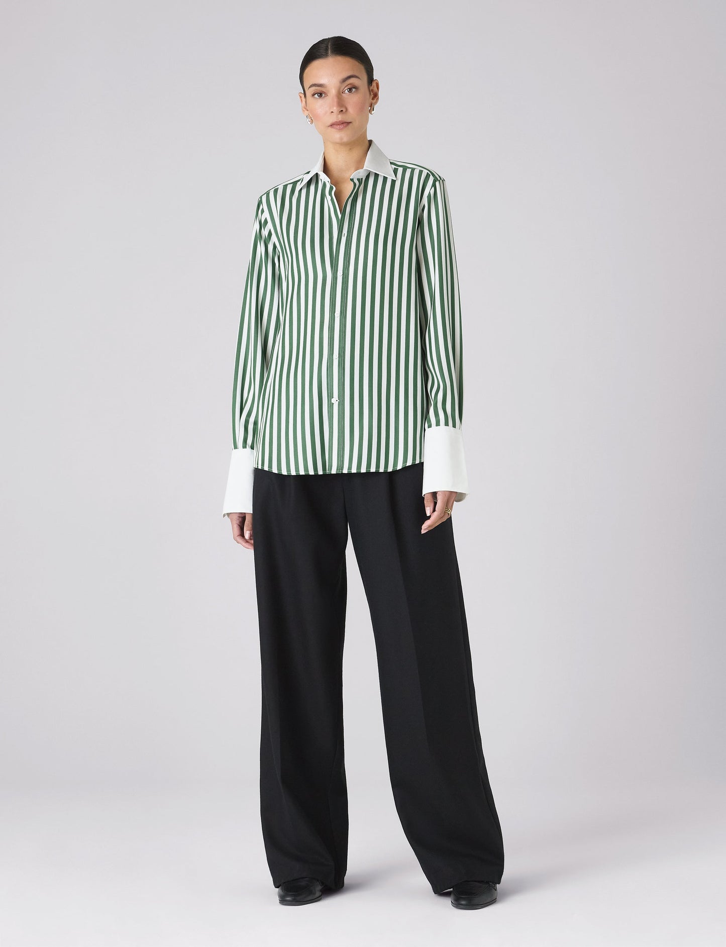 Boyfriend Exaggerated Cuff Tencel Button Down Shirt in Forest Green Stripe