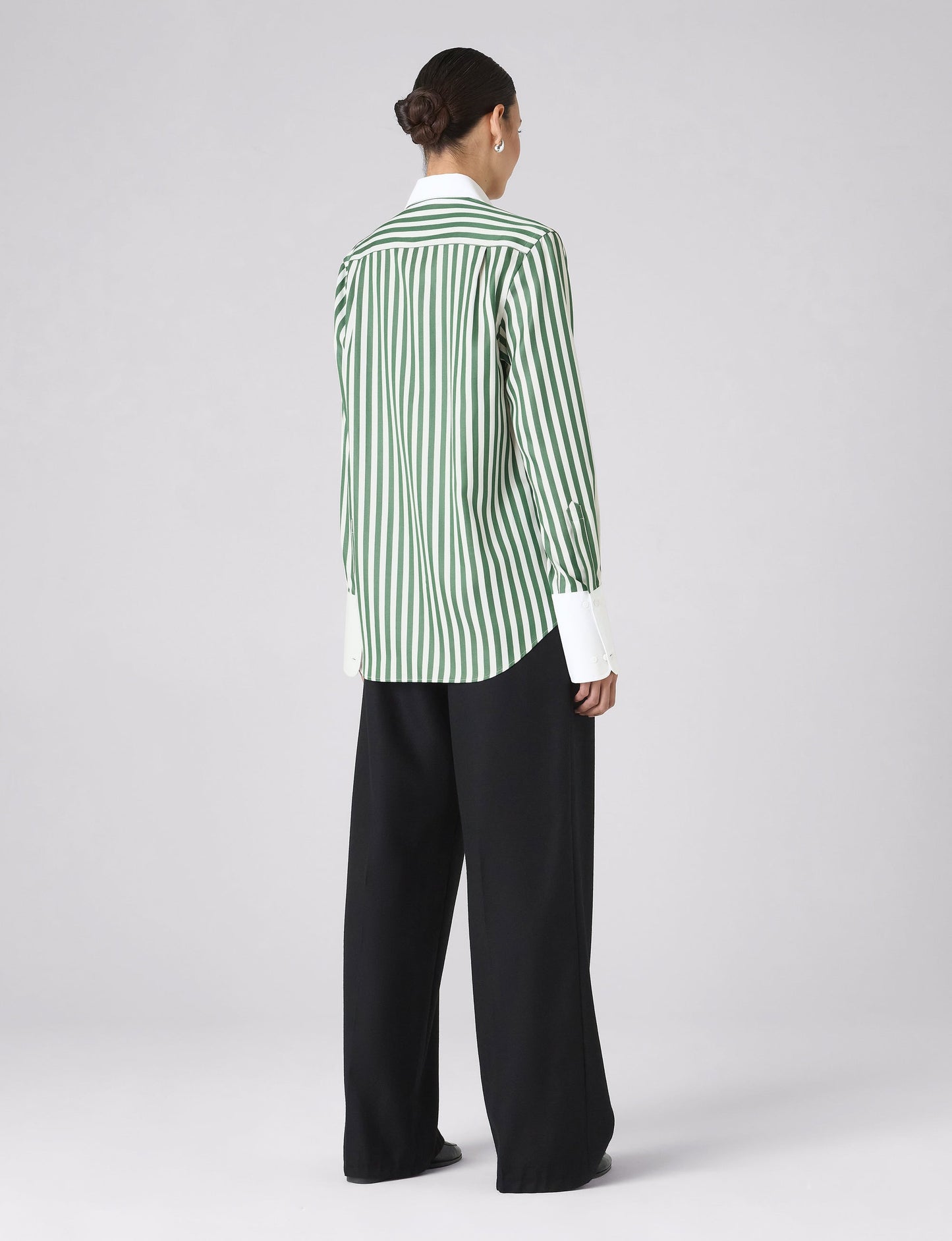 Boyfriend Exaggerated Cuff Tencel Button Down Shirt in Forest Green Stripe