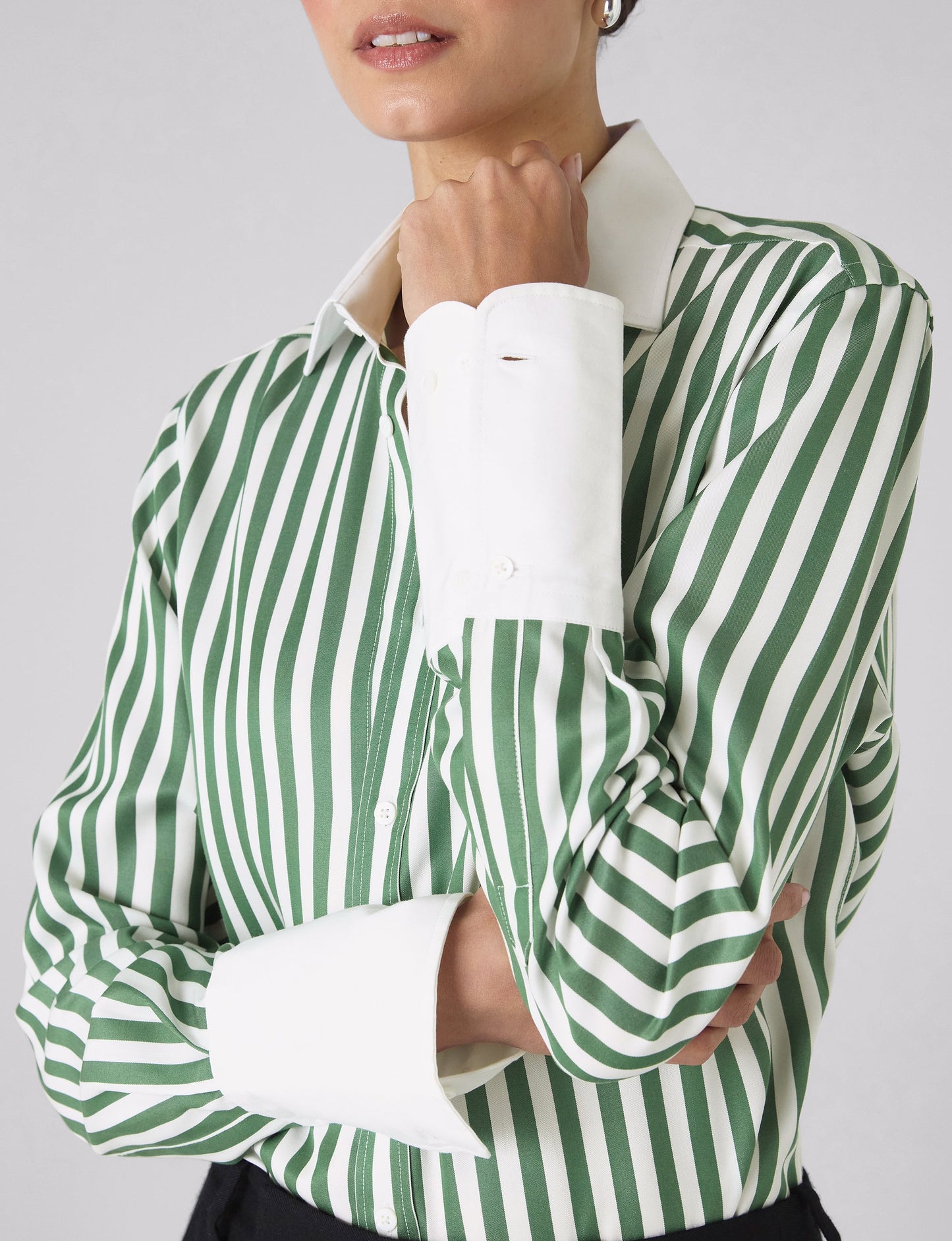 Boyfriend Exaggerated Cuff Tencel Button Down Shirt in Forest Green Stripe