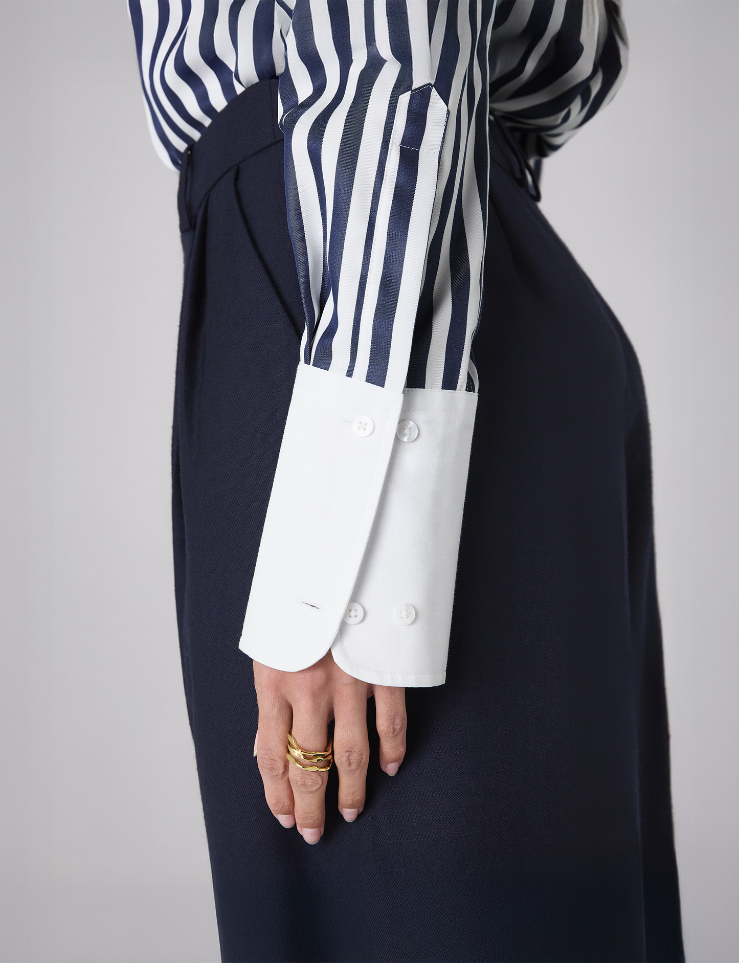 Boyfriend Exaggerated Cuff Tencel Button Down Shirt in Navy Blue Stripe