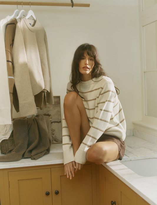 Devon Cotton Jumper in Ecru and Latte Stripe