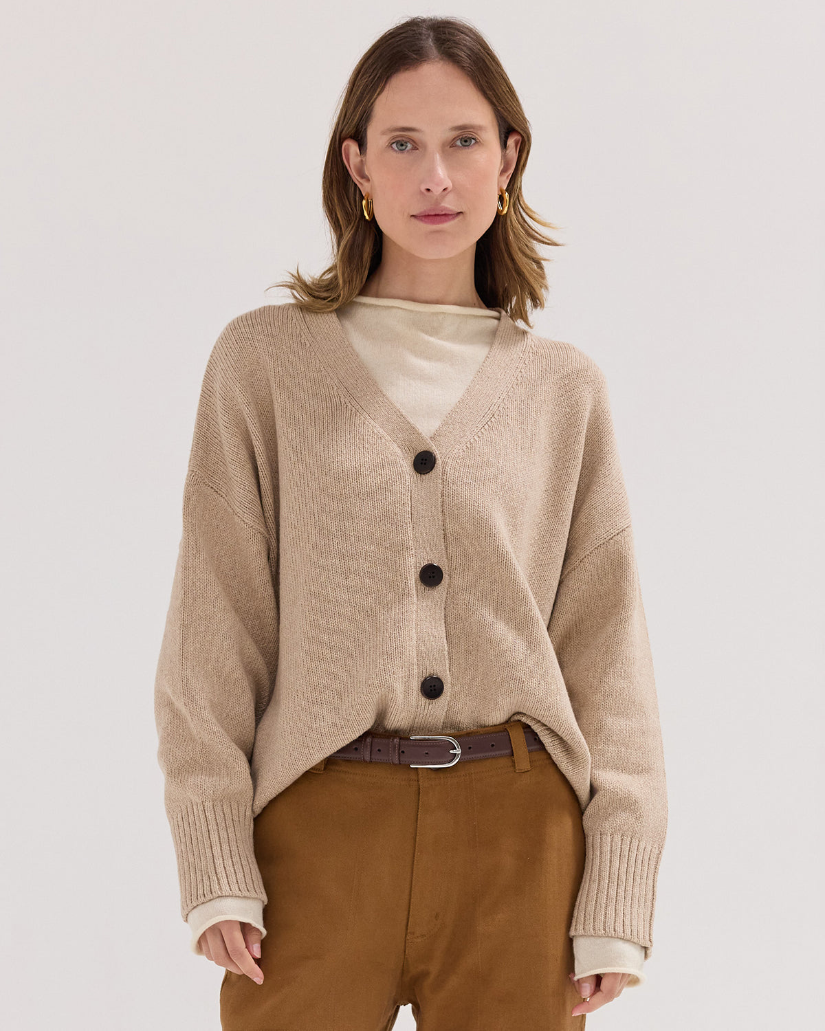 The Organic Cotton and Wool Cardigan in Almond