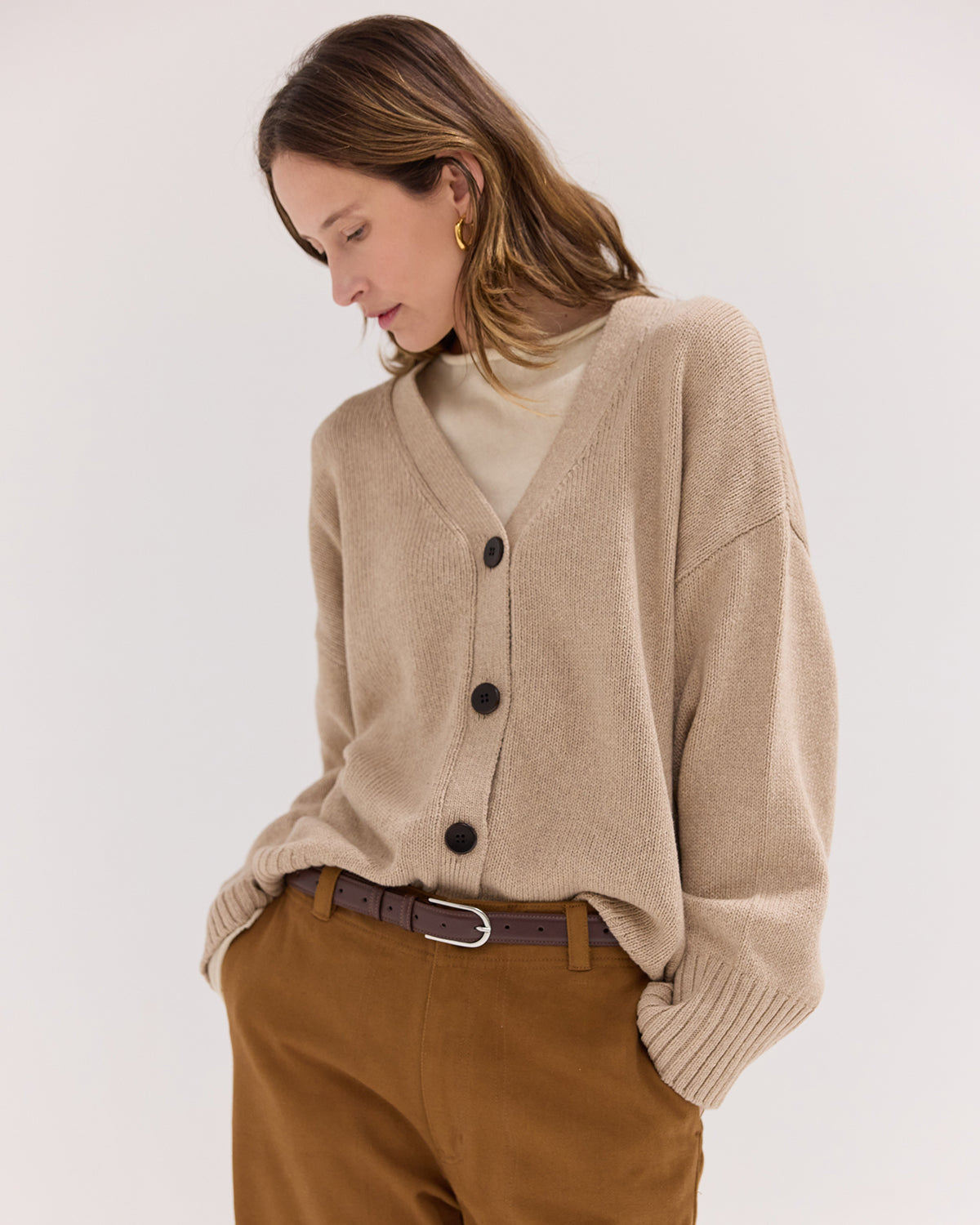 The Organic Cotton and Wool Cardigan in Almond