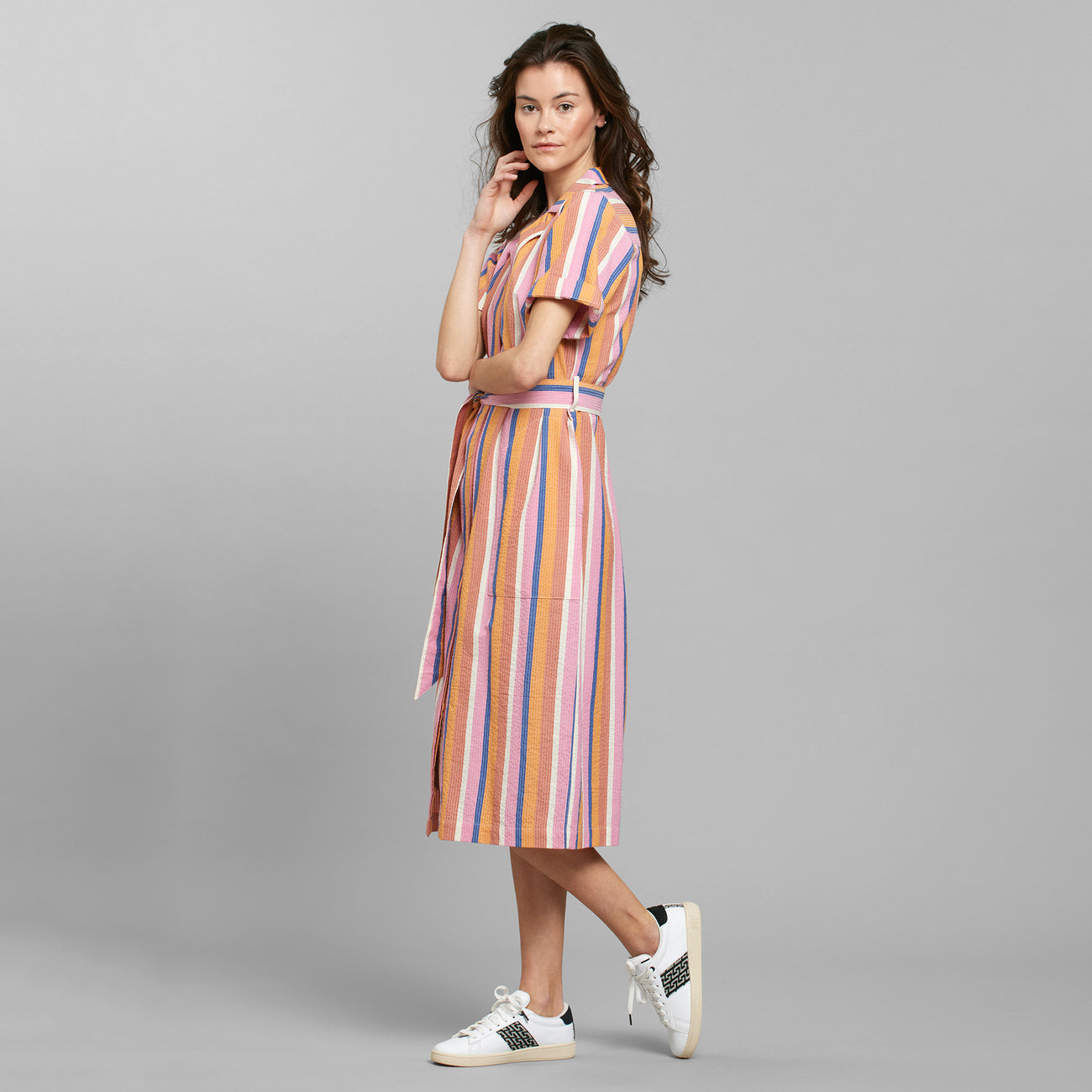 Oreffors Organic Cotton Tied Shirtdress in Orange Stripe Multicolor