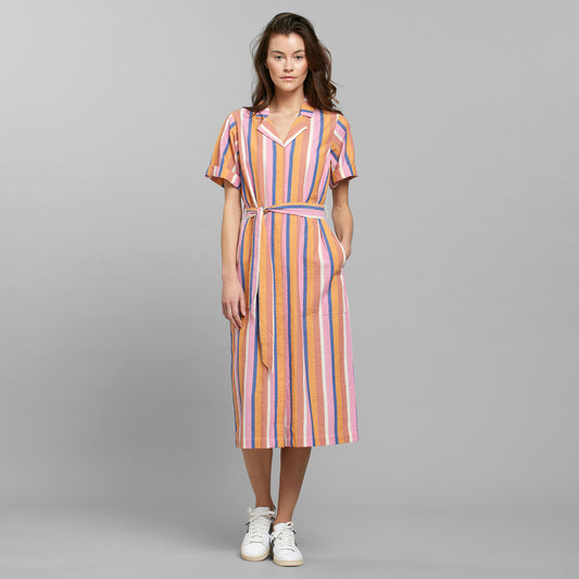 Oreffors Organic Cotton Tied Shirtdress in Orange Stripe Multicolor