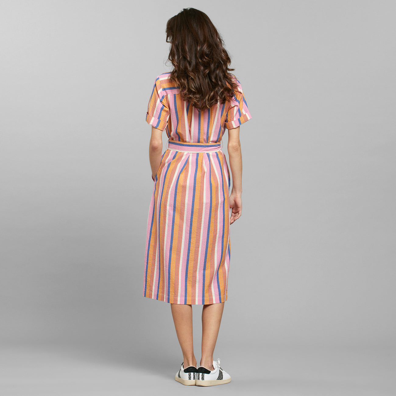 Oreffors Organic Cotton Tied Shirtdress in Orange Stripe Multicolor