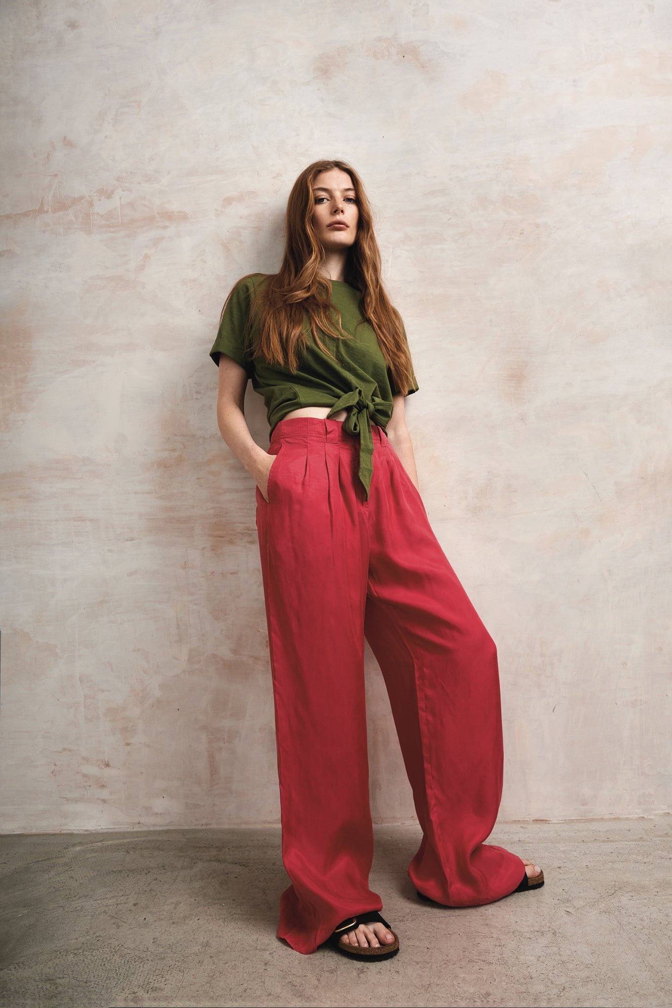 Cupro Berry Wide Leg High Waist Pleated Trouser