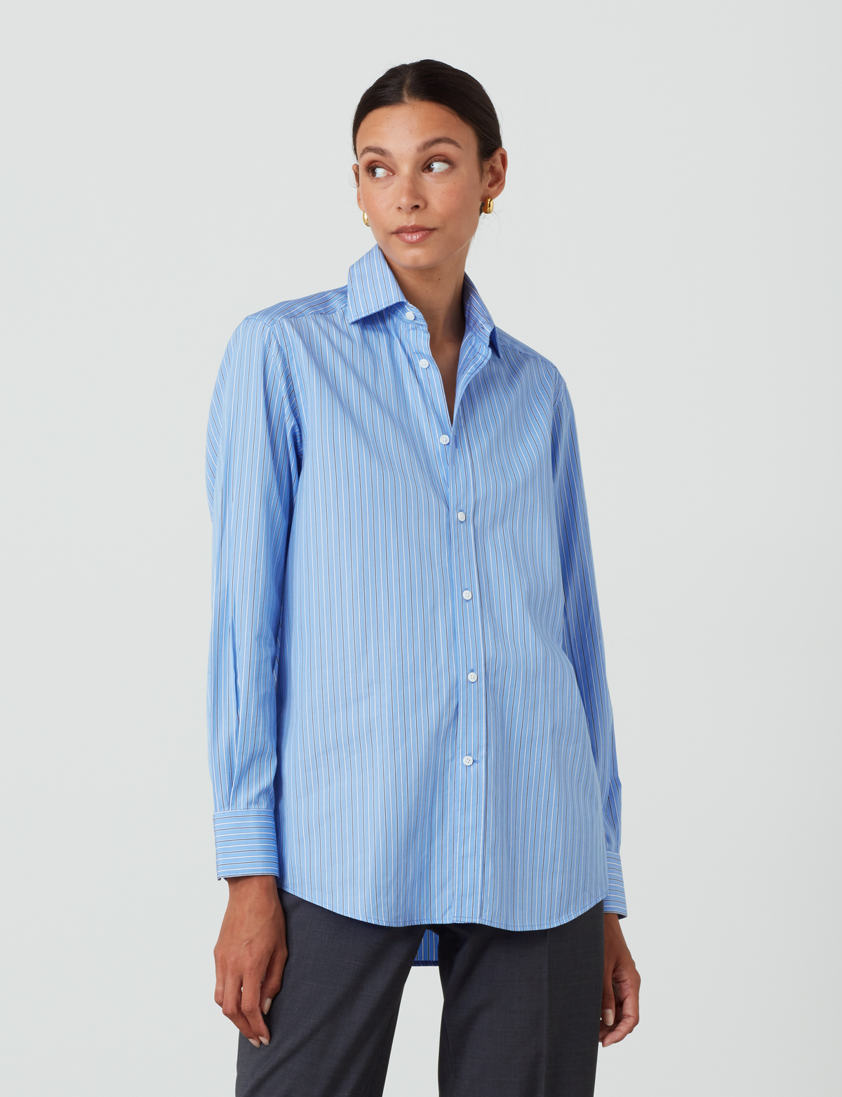 Boyfriend Fine Organic Cotton Striped Button Down Shirt in Midnight Blue Stripe