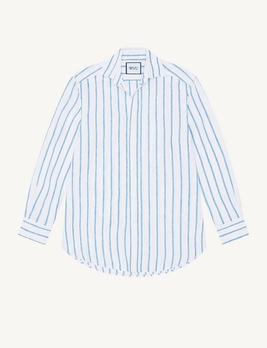 Boyfriend Linen Button Down Shirt in Blue Stripe