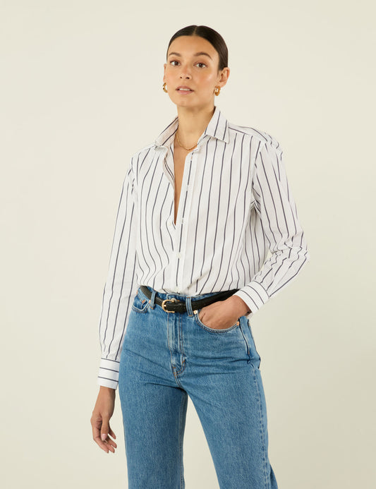 Boyfriend Fine Organic Cotton Striped Button Down Shirt in Midnight Blue Stripe