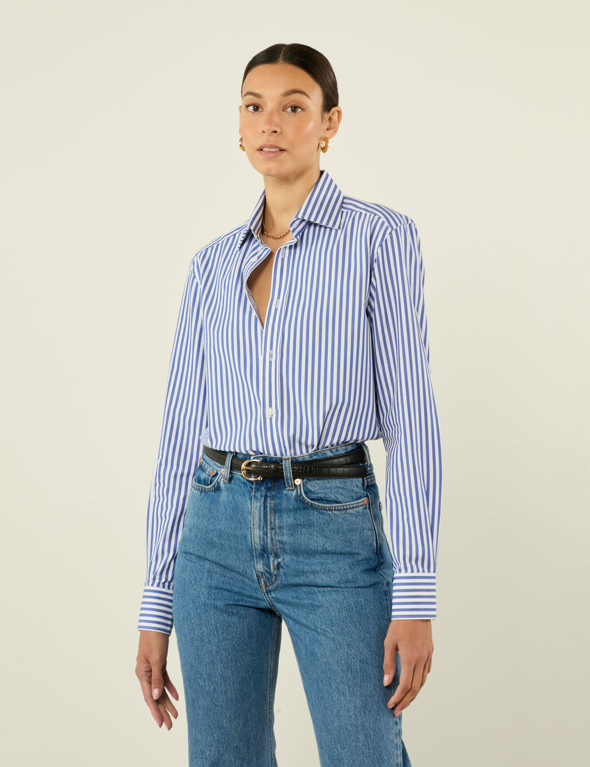 Boyfriend Fine Organic Cotton Striped Button Down Shirt in Midnight Blue Stripe