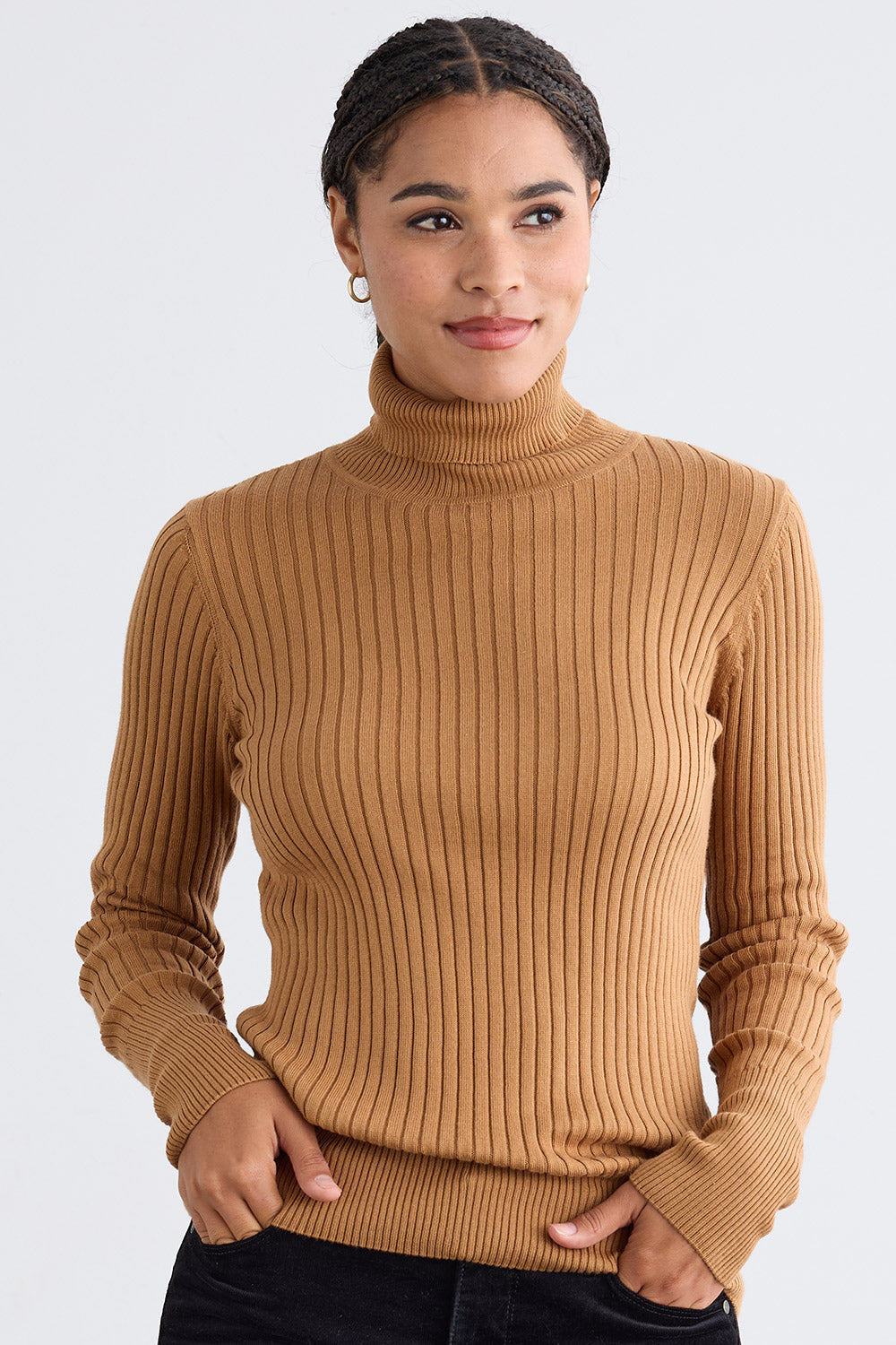 Ribbed Turtleneck Organic Cotton Sweater in Camel