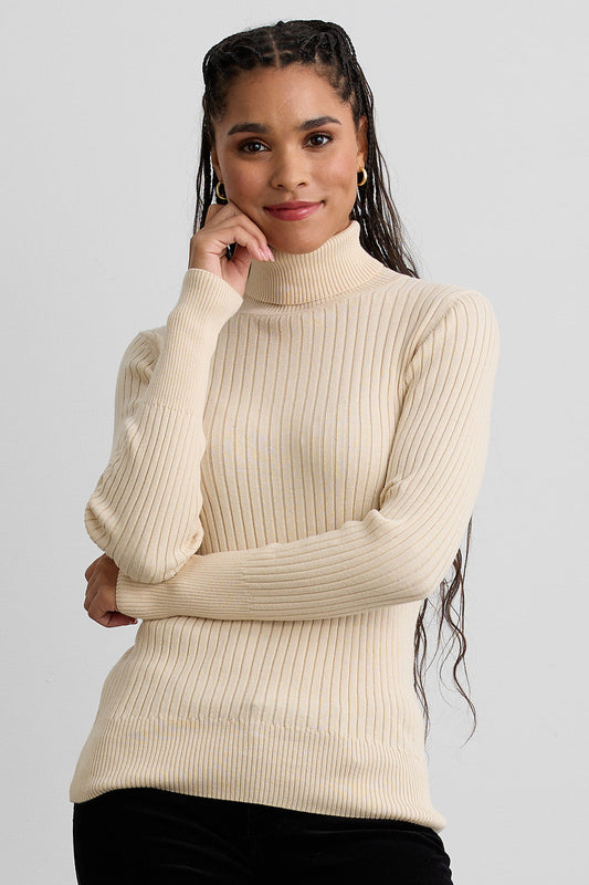 Ribbed Turtleneck Organic Cotton Sweater in Undyed Natural White