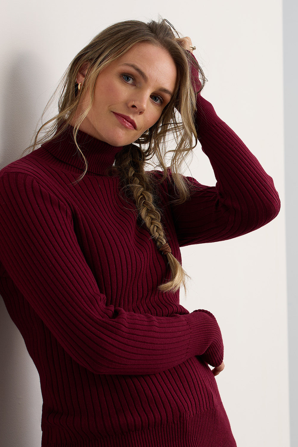 Ribbed Turtleneck Organic Cotton Sweater in Red Wine