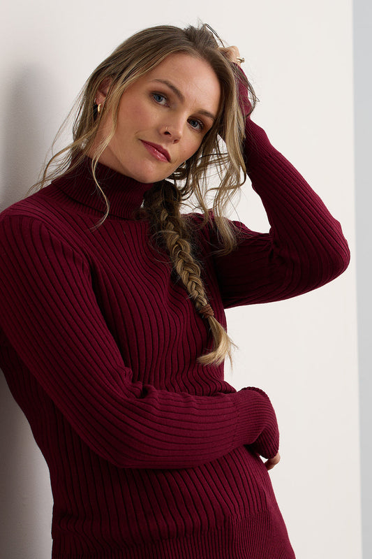 Ribbed Turtleneck Organic Cotton Sweater in Red Wine