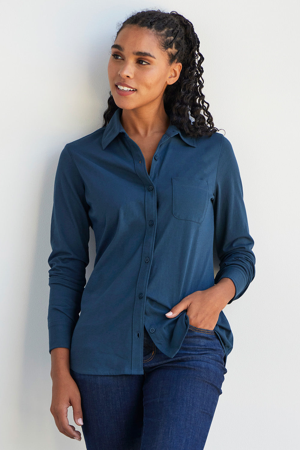 Organic Cotton Knit Button Down Shirt in Pink