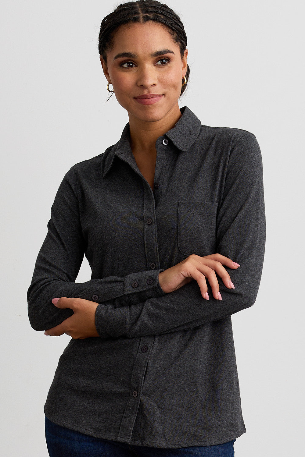 Organic Cotton Knit Button Down Shirt in Pink