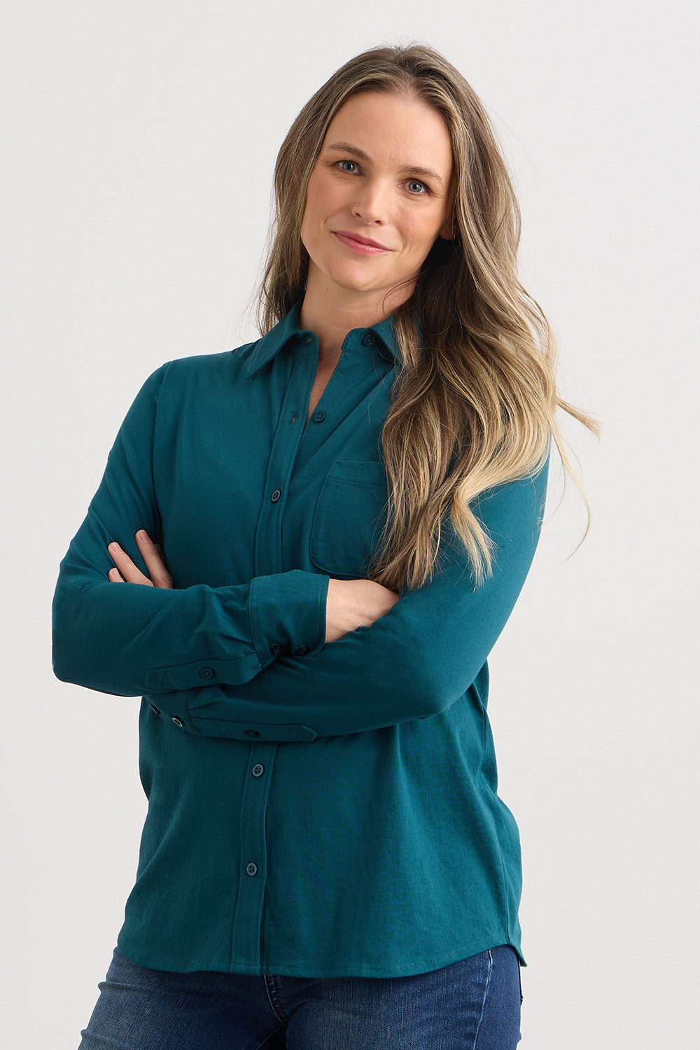 Organic Cotton Knit Button Down Shirt in Pink