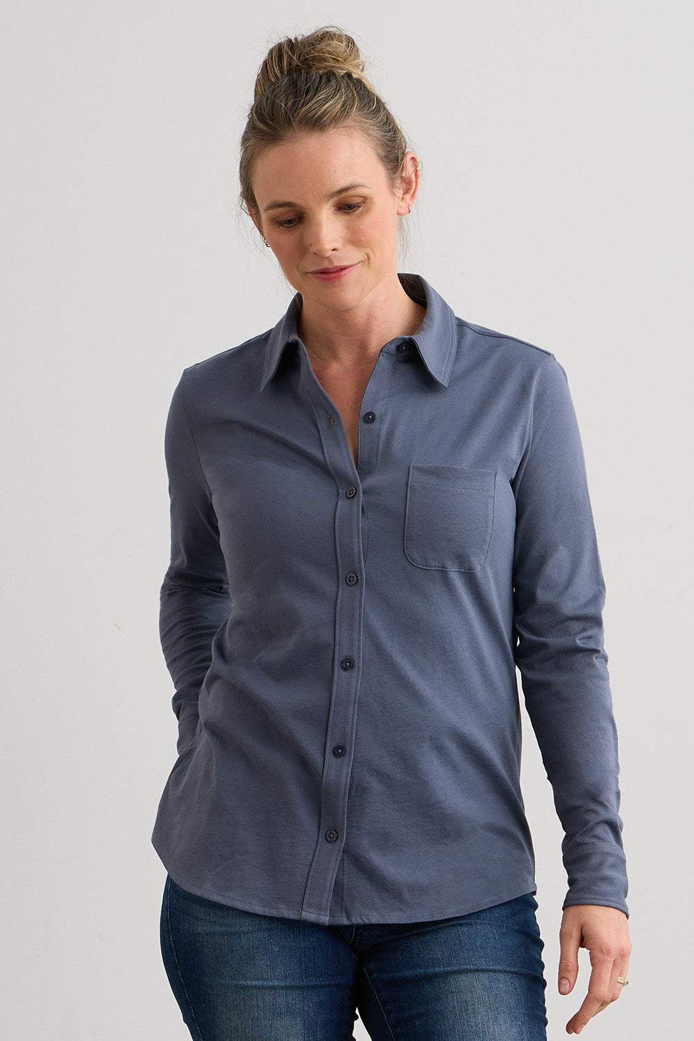Organic Cotton Knit Button Down Shirt in Pink