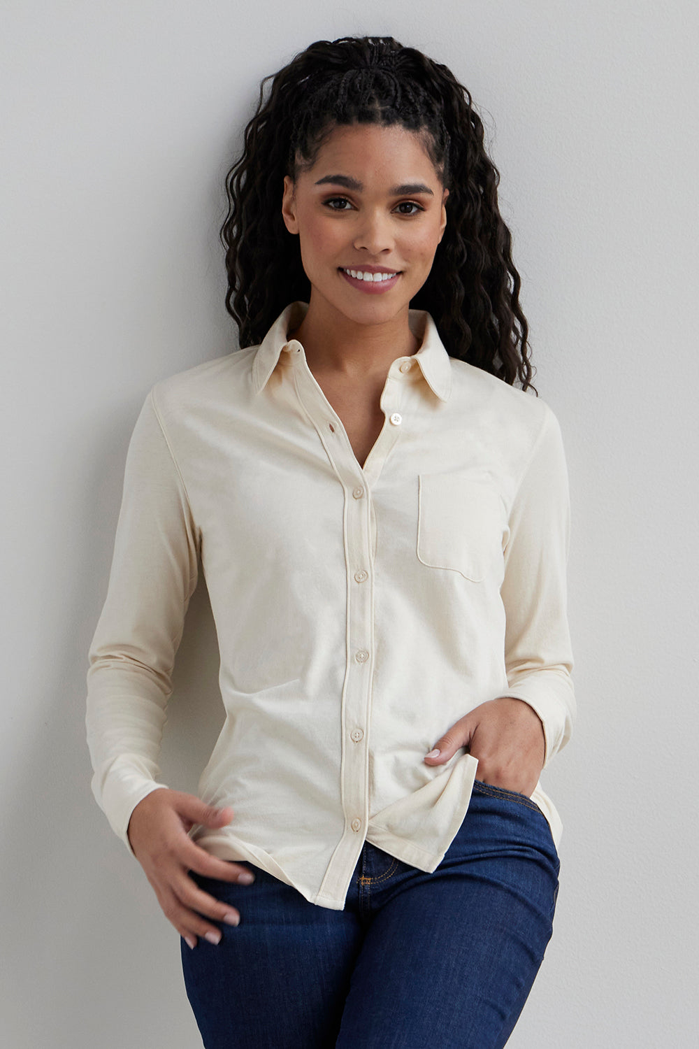 Organic Cotton Knit Button Down Shirt in Pink