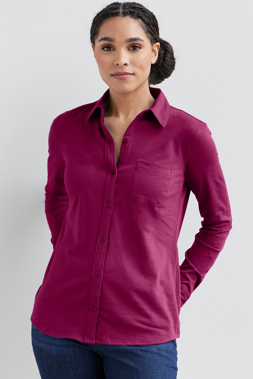 Organic Cotton Knit Button Down Shirt in Pink