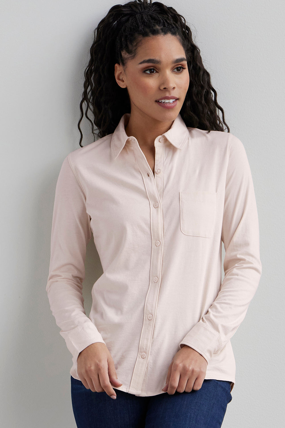 Organic Cotton Knit Button Down Shirt in Pink
