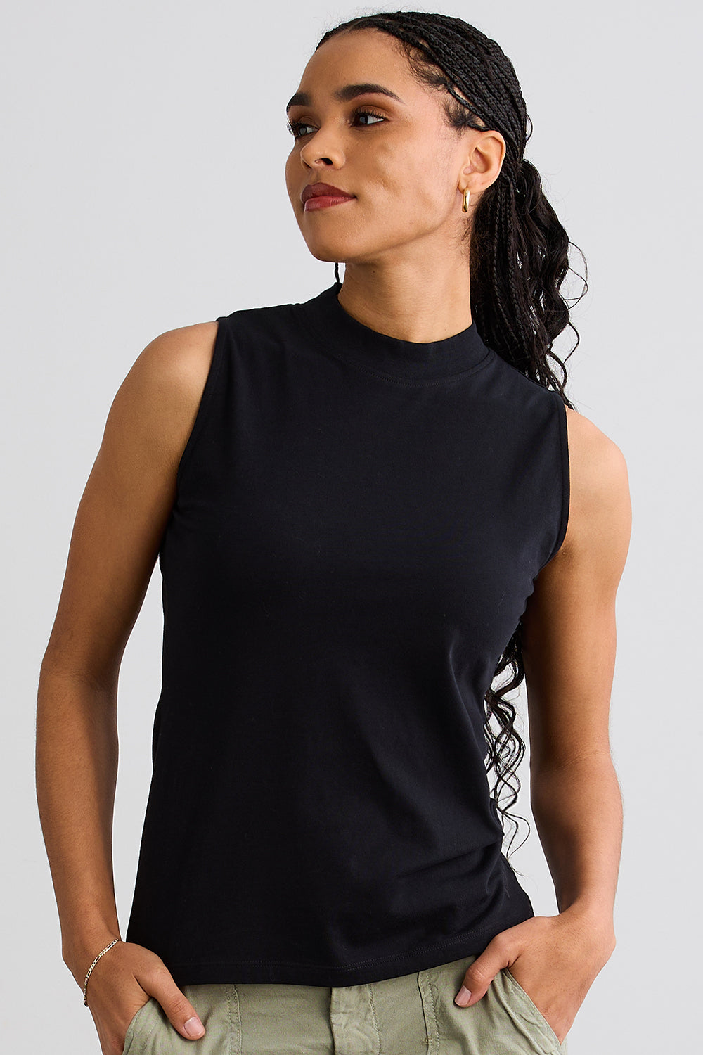 Organic Cotton Sleeveless Mock Neck Top in Black