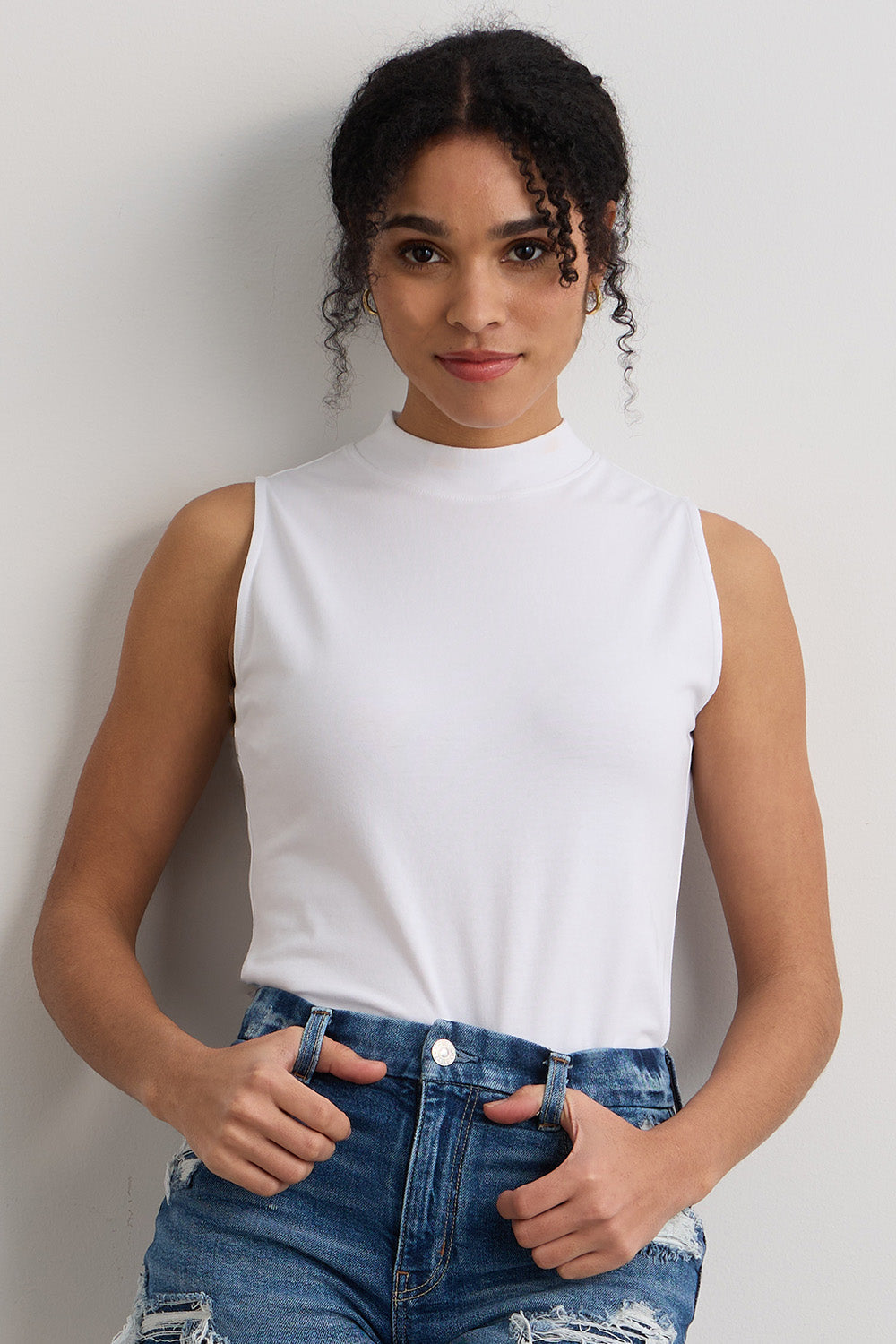Organic Cotton Sleeveless Mock Neck Top in White