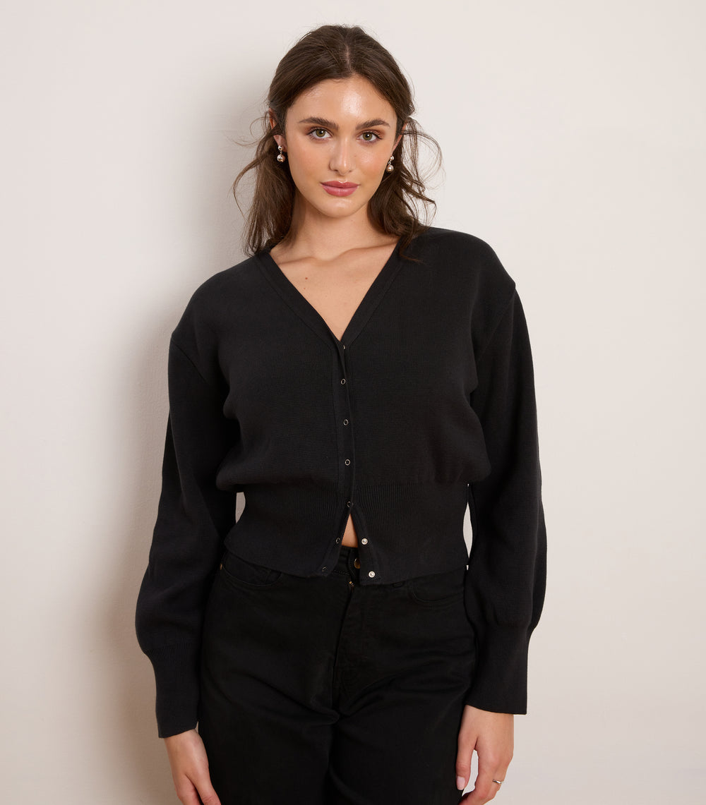 Celia Cropped Snap Cardigan in Black