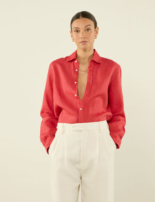 Boyfriend Linen Button Down Shirt in Carnation Red