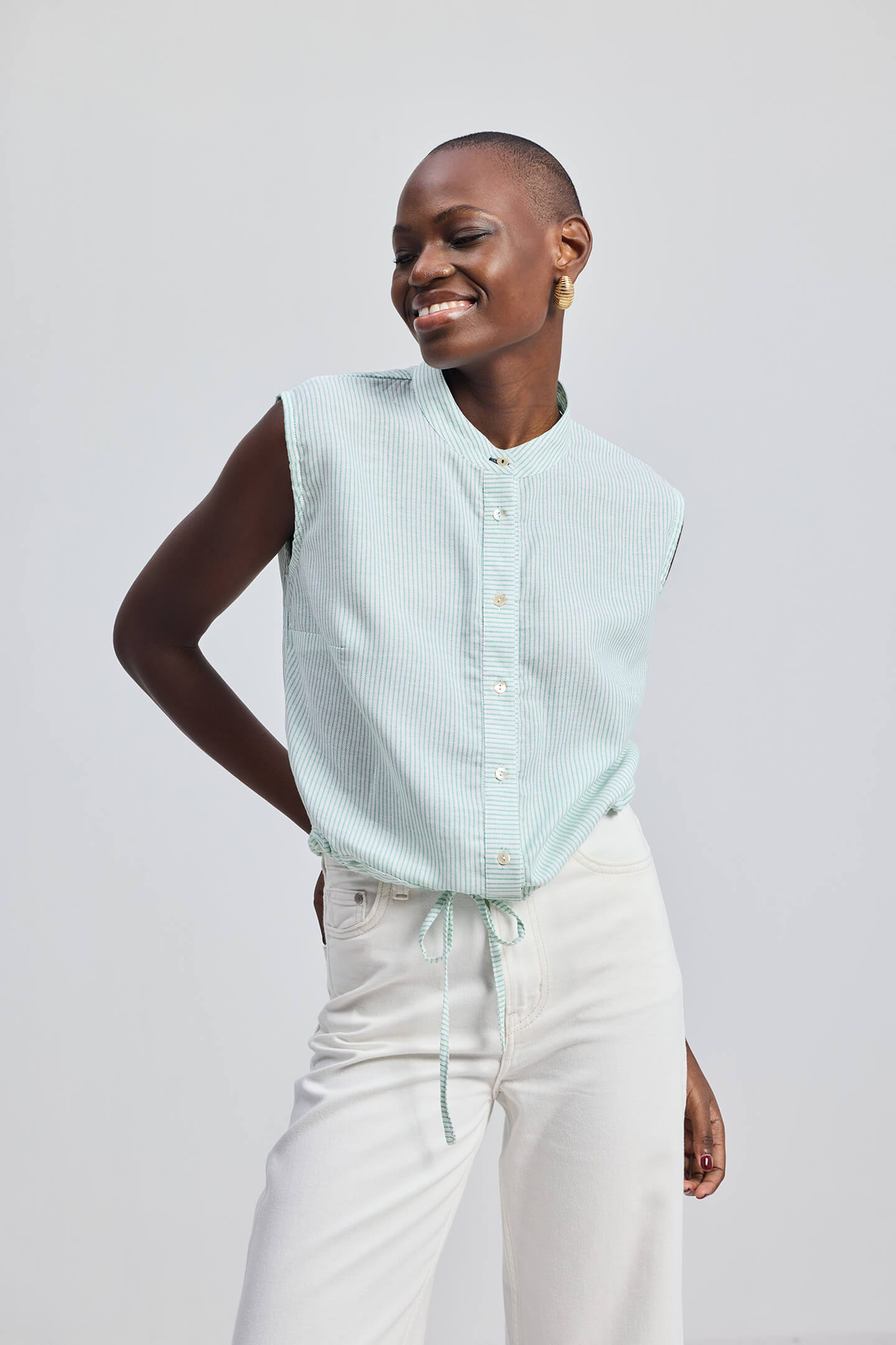 Button Down Shirt with Drawstring Waist in Light Green