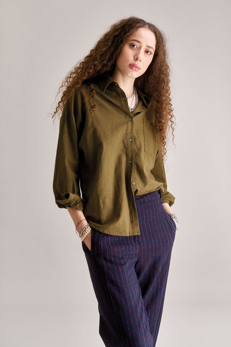 Hanako Organic Cotton Button Down Shirt in Olive Green