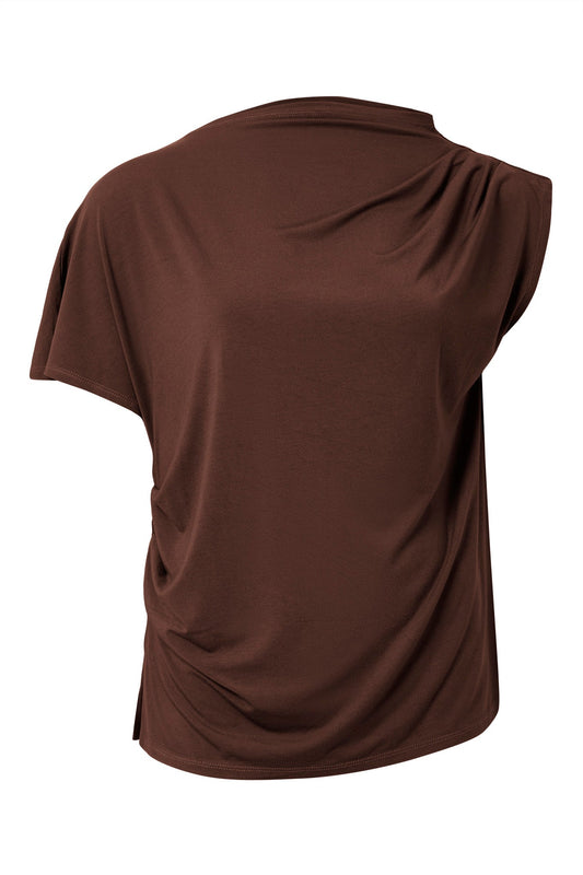 Cate Modal Jersey Draped Asymmetrical Top in Chocolate