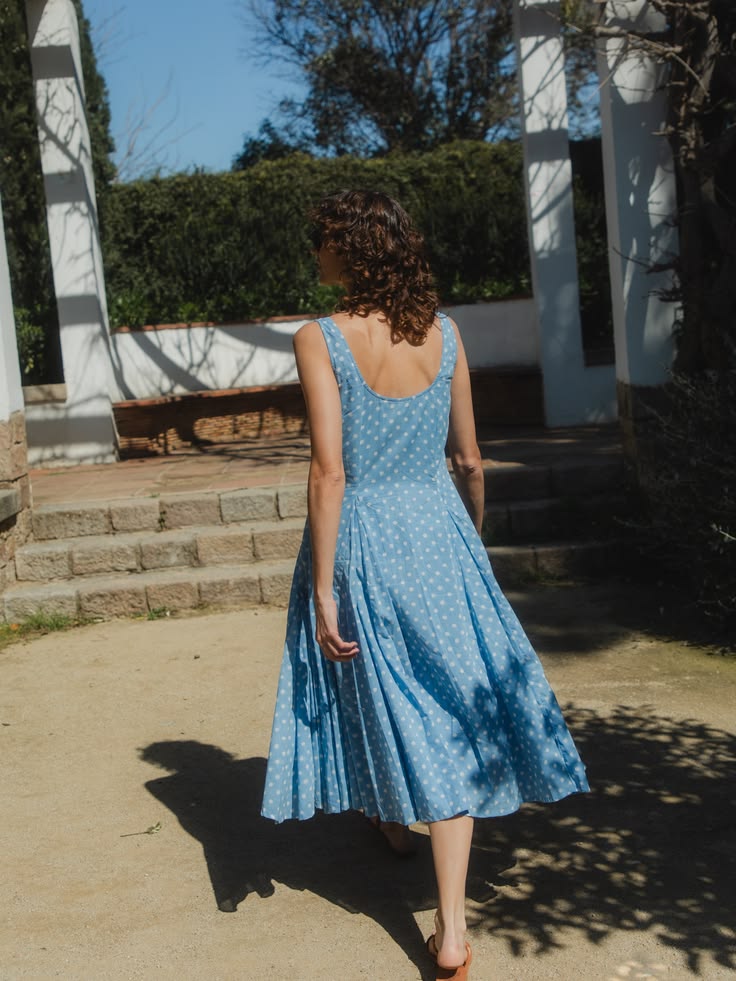 Ines Cotton Dress in French Blue Polka Dot