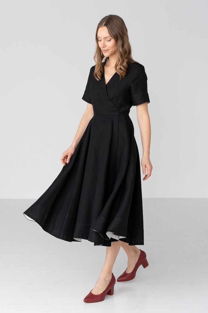 Linen V-Neck Wrap Midi Dress in Green