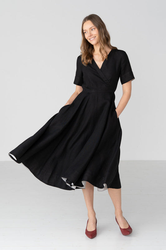 Linen V-Neck Wrap Midi Dress in Black