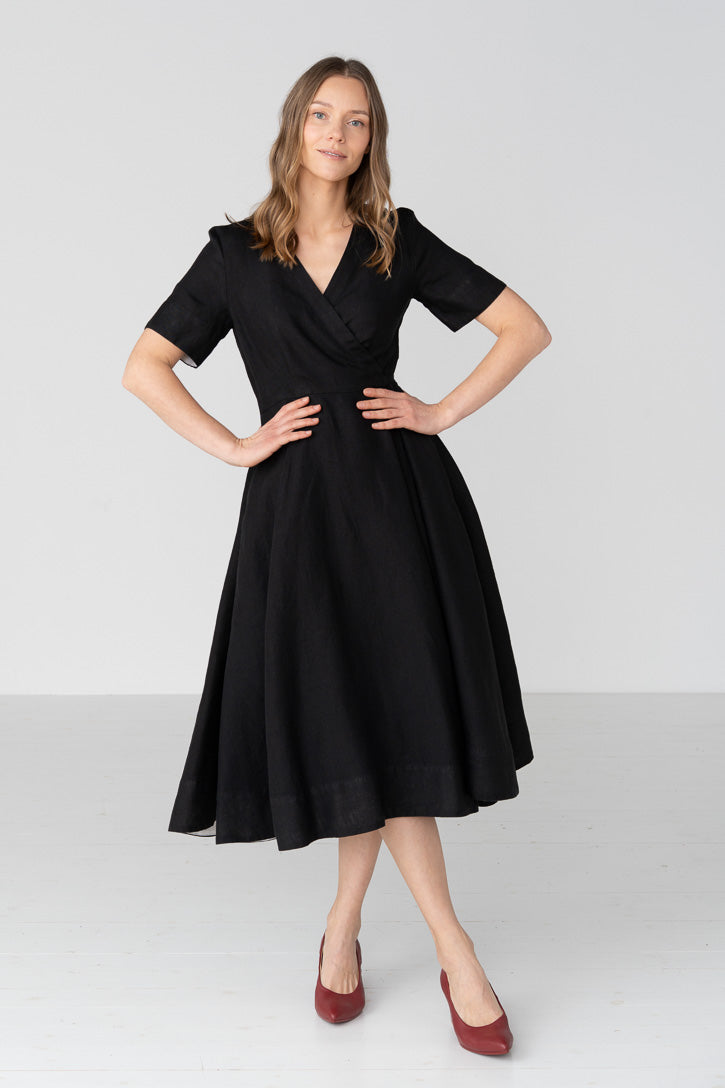 Linen V-Neck Wrap Midi Dress in Green